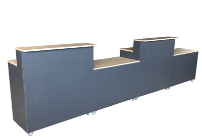 Messetheke Thekenanlage Flex Kunststoff grau Dekorholz rollbar